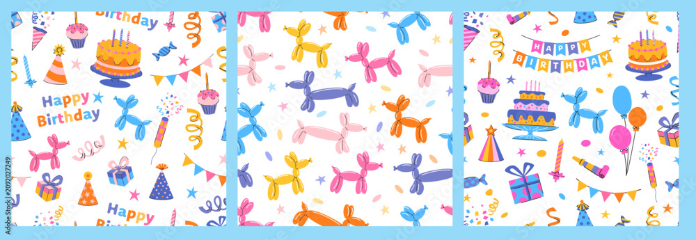 Fototapeta premium Birthday Celebration Seamless Pattern with Balloons, Cakes, and Party Decor