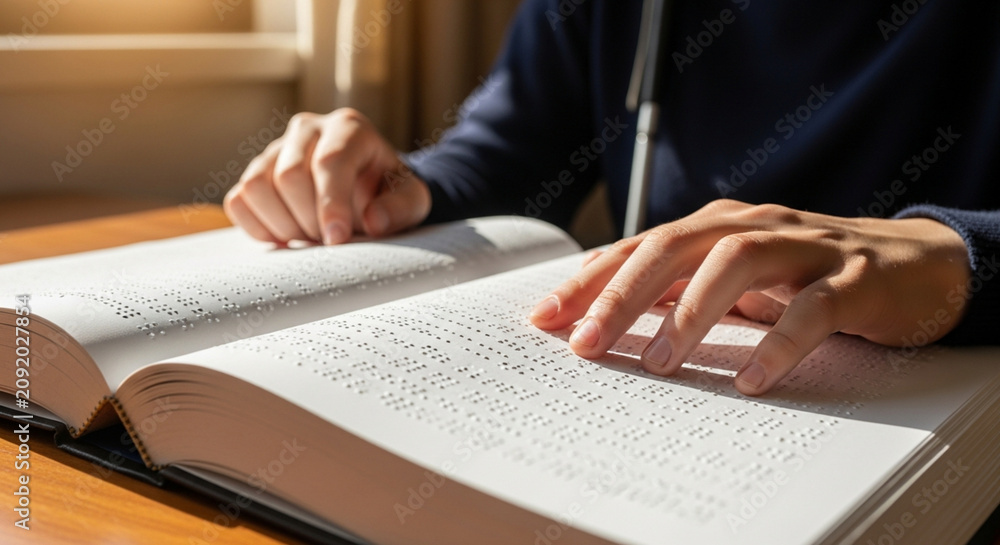 Fototapeta premium A person's hands gently touching and reading a large Braille book, illuminated by natural light indoors.