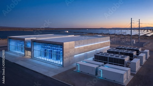Green data center with renewable energy, server building, battery storage containers, cooling units and solar farm at dusk, sustainable cloud computing, AI infrastructure and efficient power supply