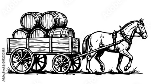 Bild auf Leinwand Horse-drawn wagon with barrels, vintage illustration, rustic transport, farm car