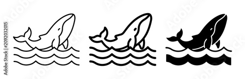 Konstfotografi Minimalist Whale Icons, Ocean Waves, Marine Life Vector Set; Simple Black and Wh