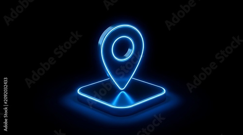Glowing blue location pin on a smartphone screen with neon effect