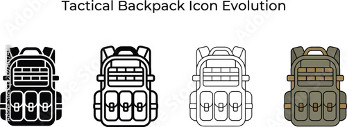 Collection of tactical backpack icons showcasing design evolution from solid to outline and colored versions for military or outdoor projects