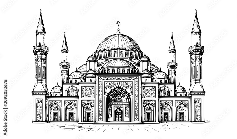 Obraz premium Grand Mosque Black and White Ink Sketch Vector with Islamic Architecture and Elegant Minarets