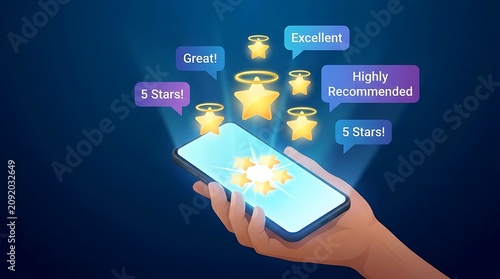 A hand holding a smartphone with glowing stars and positive review speech bubbles