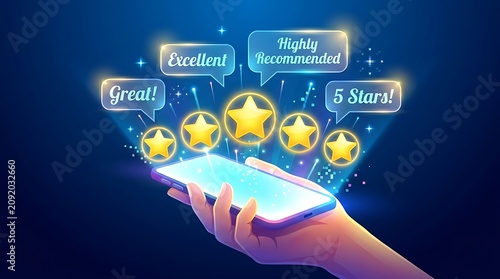 A glowing smartphone with a hand holding it surrounded by 5 star ratings and excellent review speech bubbles in a blue background