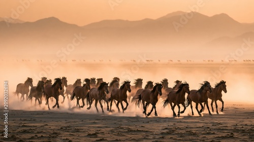 Plakat Wild Horses Galloping at Sunset