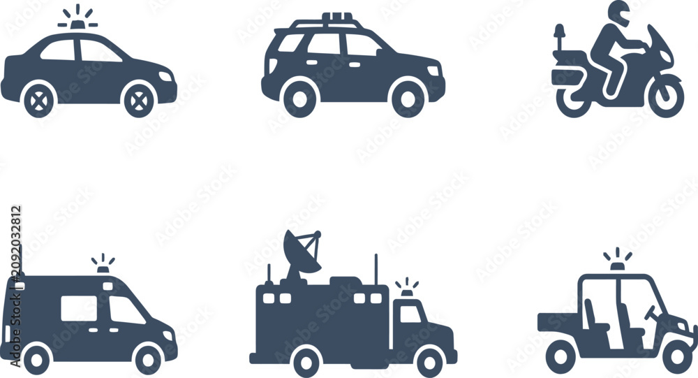 Naklejka premium Set of minimalist police and emergency vehicle icons featuring patrol cars, motorcycles, and tactical units