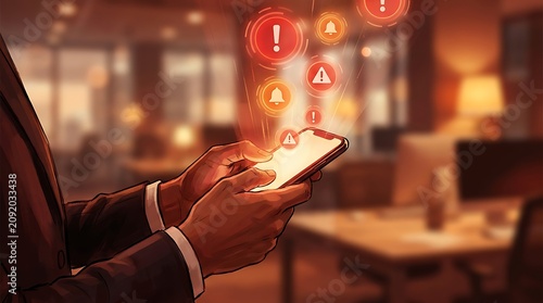 A businessman receiving multiple notifications on his smartphone in an office setting with warning signs