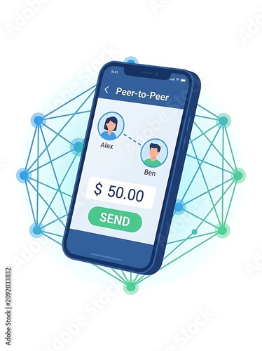 Mobile peer to peer payment illustration secure digital transaction concept with smartphone and network visualization