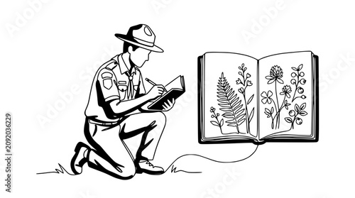 Canvastavla Park Ranger Sketching Wildflowers and Plants in Field Notebook - Illustration