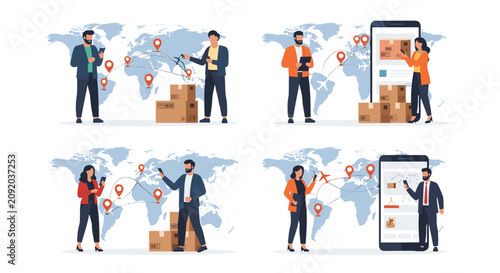 Global logistics and e-commerce shipping concept showing people managing international deliveries using mobile phones and world map.
