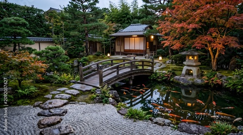 Traditional japanese garden with small house, pond, bridge.