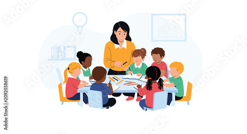 Caring female teacher helping a group of diverse elementary school children with their lessons at a round table.
