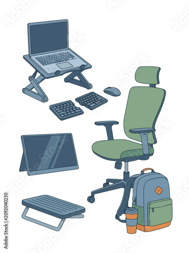 Remote Work Digital Nomad Ergonomic Office Equipment Set in Flat Vector Style