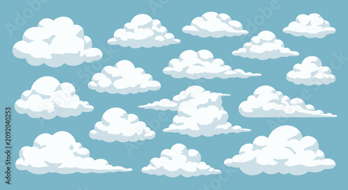 Pattern of fluffy white clouds scattered across a blue sky backdrop.