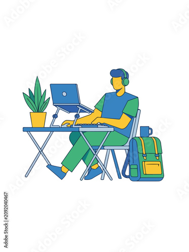 Person working on a laptop at a desk with ergonomic office equipment flat style