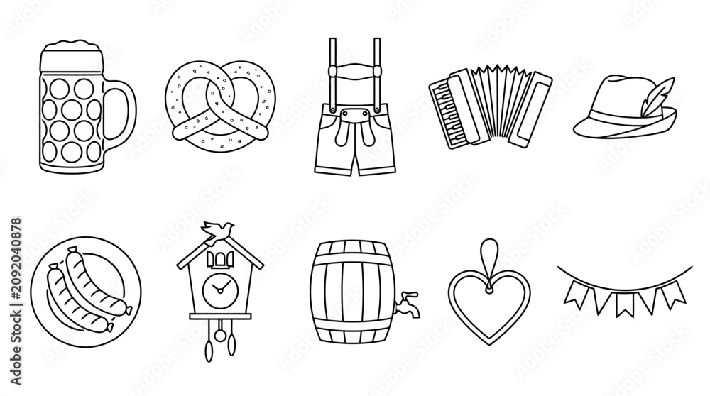 Fototapeta premium A set of nine black line icons depicting various traditional german oktoberfest symbols and objects