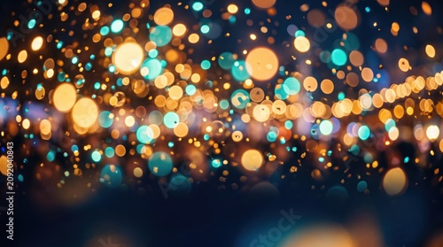 A vibrant mix of golden and teal bokeh circles with glittering sparkle dust creates a magical, festive abstract background ideal for celebration and party designs.