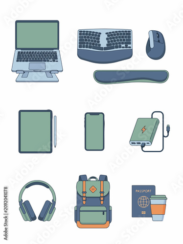 Remote Work Digital Nomad Ergonomic Office Equipment Set in Flat Vector Style