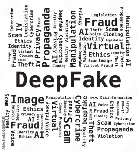 Nuage de mots sujet thème deepfake intelligence artificielle, couleurs noir et blanc, vecteur