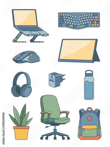 Remote Work Digital Nomad Ergonomic Office Equipment Set in Flat Vector Style