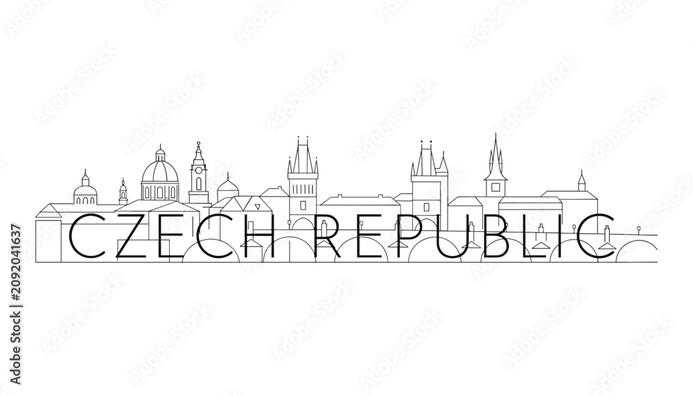 Obraz premium Elegant line art illustration of the historic prague skyline with czech republic text on a white background.