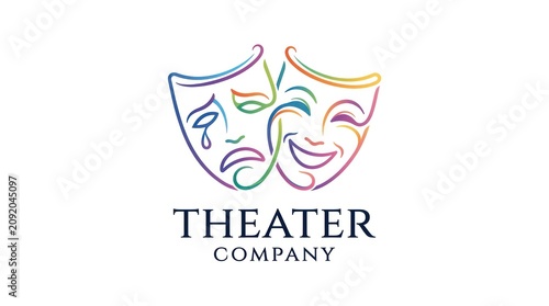 Minimalist outline theatrical masks logo for theater company arts and performance center.