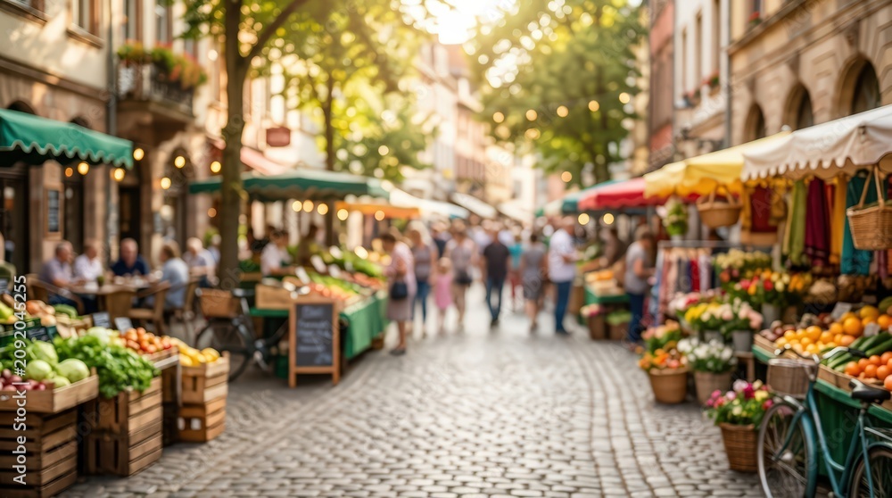 Fototapeta premium Blurred outdoor market street scene bustling city lifestyle crowd shopping food stall background bokeh sunny day cobblestone urban atmosphere