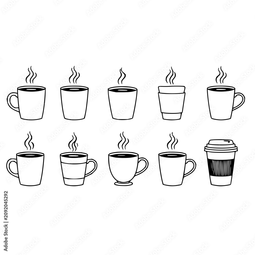 Obraz premium Coffee cup set with minimalist black and white line art grid arrangement featuring coffee, mugs, steaming with minimalist and vector