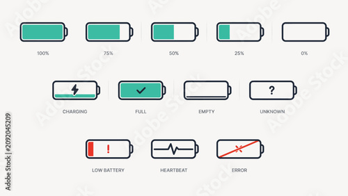 Battery level and status icons set with percentage and symbols