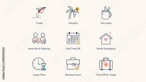 Set of nine simple flat icons representing different types of leave and travel concepts