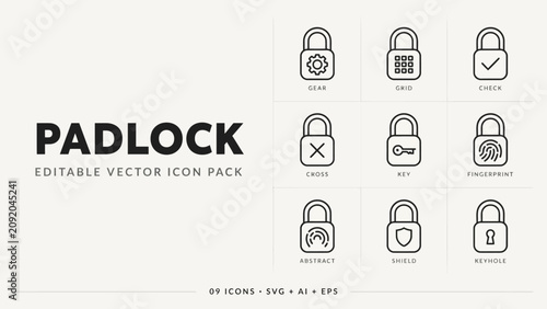 Minimalist padlock icons set with various security symbols in editable vector format