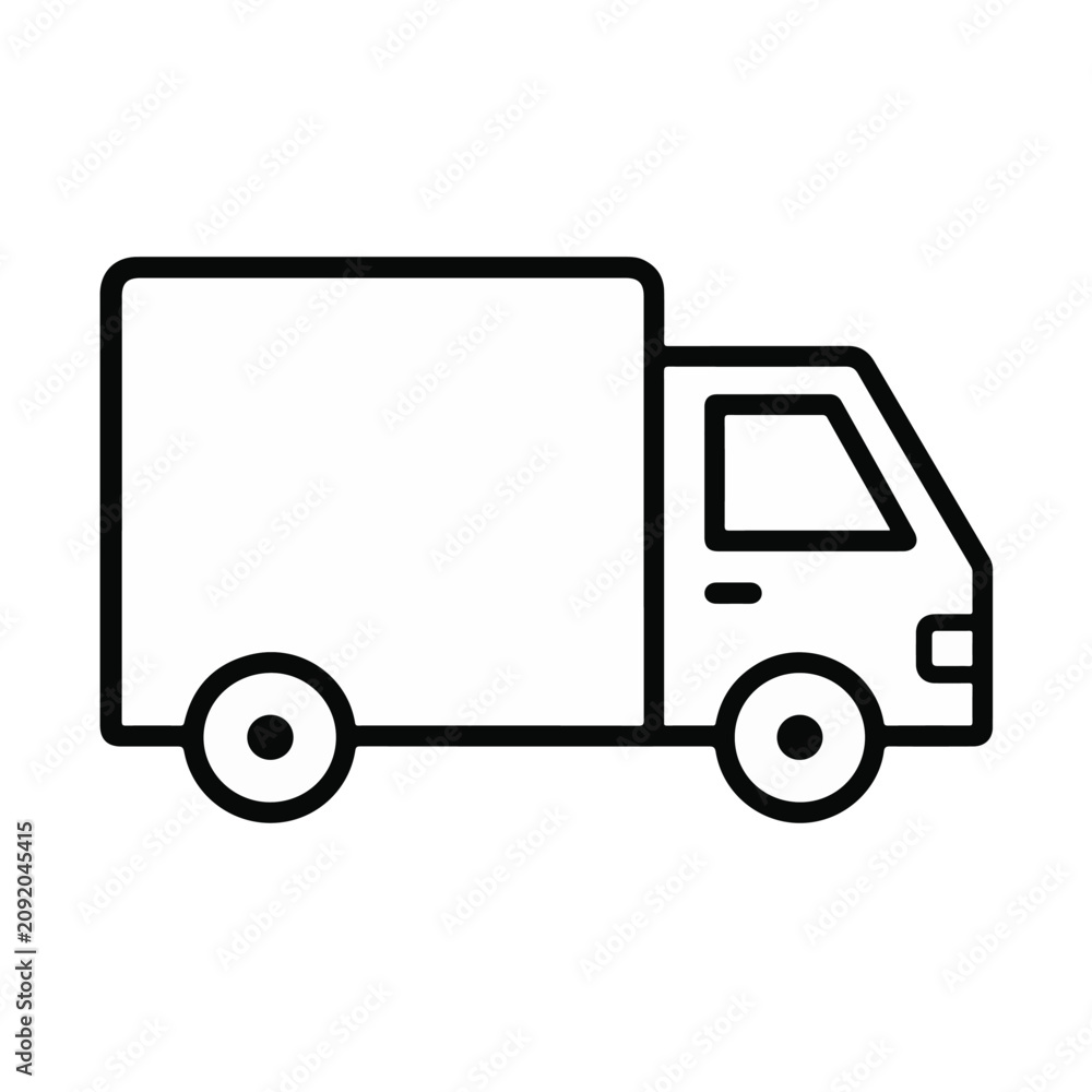 Fototapeta premium Black and white line drawing of a simple, side-view delivery truck with a rectangular cargo area.
