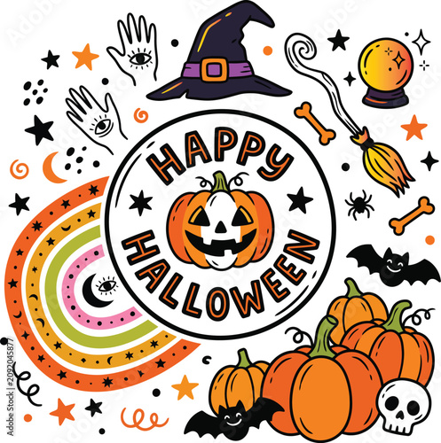 Happy halloween seasonal holiday symbols and spooky decorations with halloween