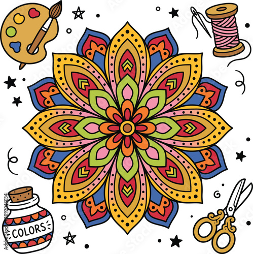 Colorful mandala pattern with art supplies and crafting tools, creative