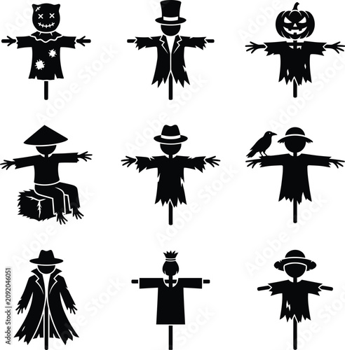 Black silhouette set of scarecrows and farm field figures with scarecrow
