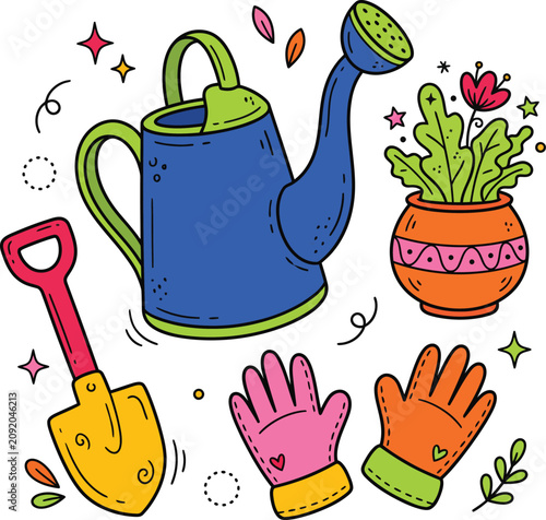 Doodle style illustration of gardening tools and potted plant with gardening