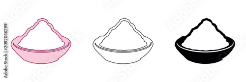 Pile of powder in a bowl, presented in three distinct icon styles