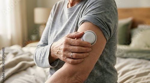 Elderly person applying wearable health device on arm indoors close-up healthcare lifestyle