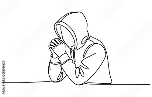 Foto Continuous single line drawing of a person in a hooded sweatshirt praying with h
