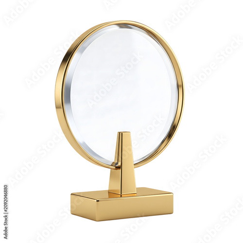 Gold round makeup mirror on stand isolated on transparent background