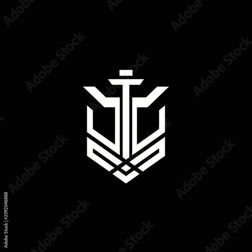 Geometric white shield logo with tribal line patterns.
