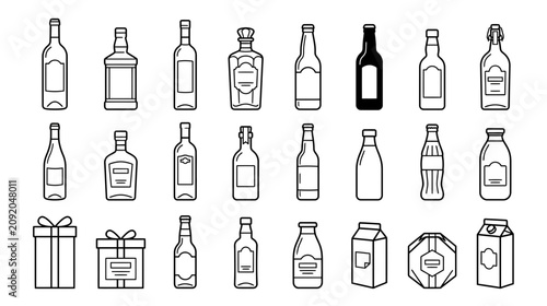 Photos Collection of Line Art Bottles, Drinks, and Gift Boxes Icons