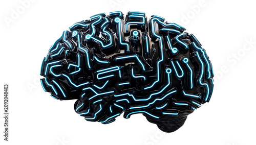 A3d rendered human brain model featuring a dark surface with glowing blue circuit board lines and nodes representing artificial png. ai generated isolated on a transparent background