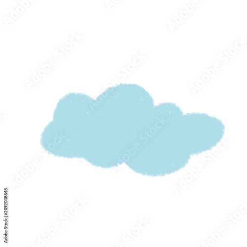 Hand drawn blue cloud crayon doodle isolated vector illustration. Cute chalk textured fluffy cloudscape shape for kids room decor, nursery greeting card, weather icon, and sky print template.