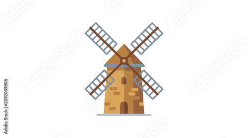 Flat illustration of a traditional stone windmill with rotating blades on a white background