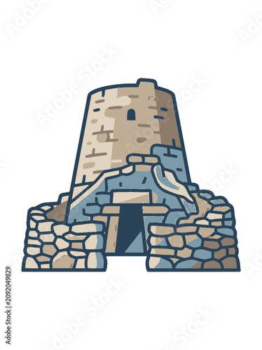 Ancient Stone Nuraghe Tower Structure, Sardinia, Italy - Cartoon Style