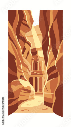 Ancient Nabataean Treasury (Al-Khazneh) in Petra, Jordan, viewed through narrow canyon