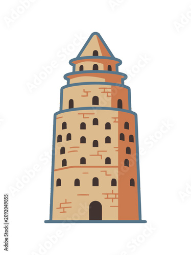 Cartoon Style Ancient Stone Tower Building with Many Windows